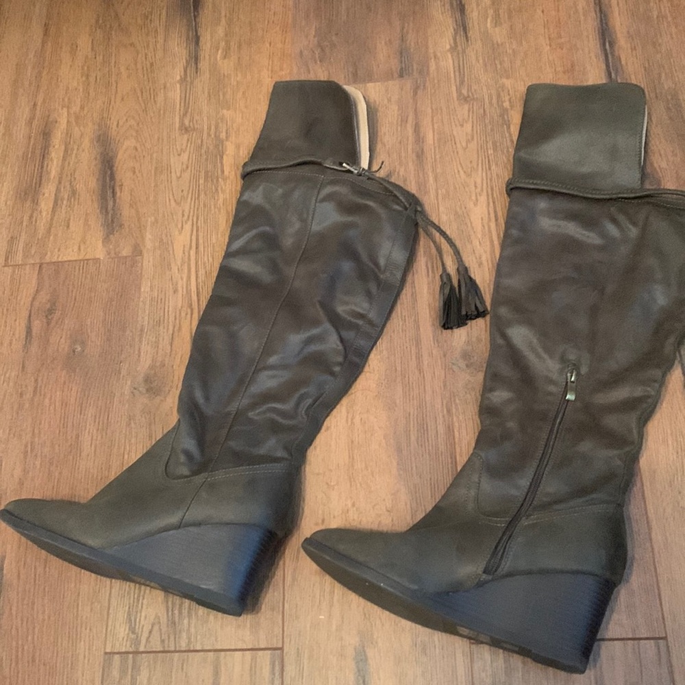 Faux leather over the knee boots. Worn twice. Olive green & 2 1/2 inch wedge.